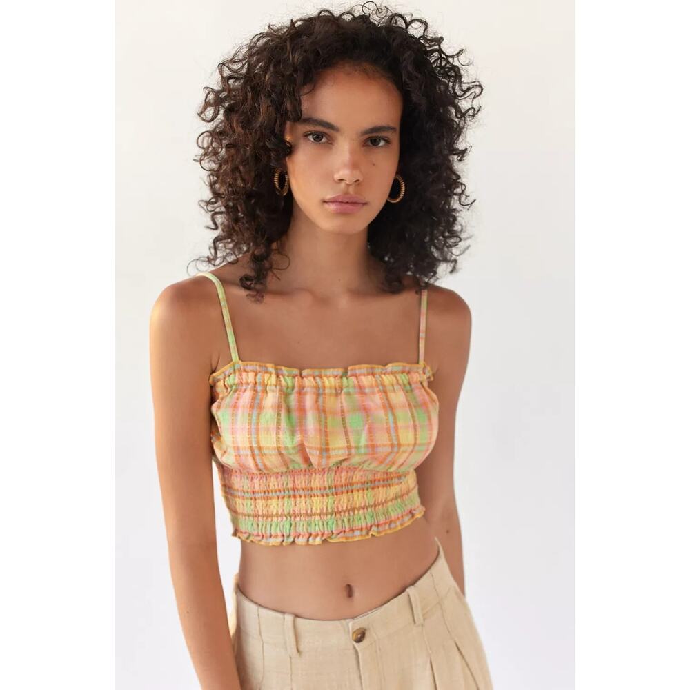 Billabong Pink Yellow Orange Green Plaid Set Me Up Cropped Summer‎ Cami Size S